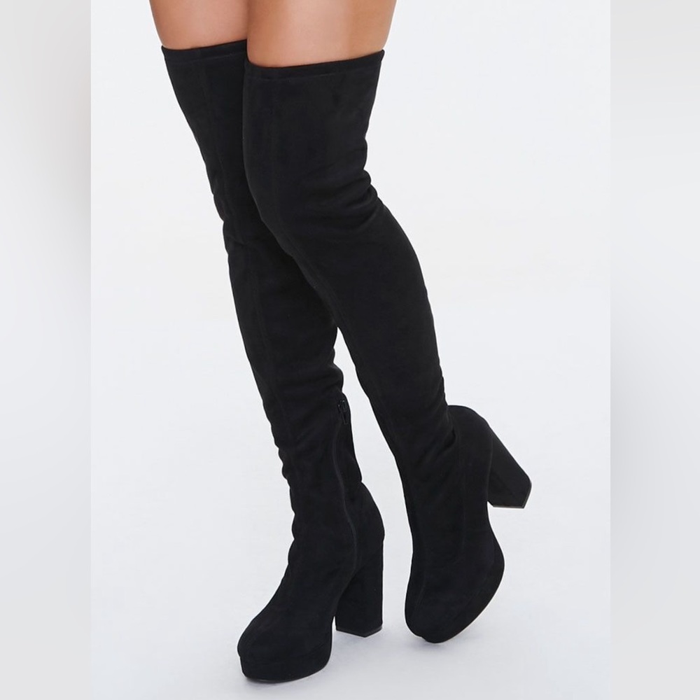 Black heeled thigh high knee high boots suede